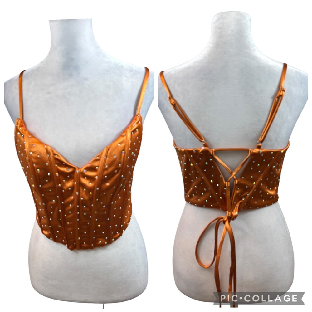 Ladies Faeriesty Brand Embellished Burnt Orange Satin Top Size Medium